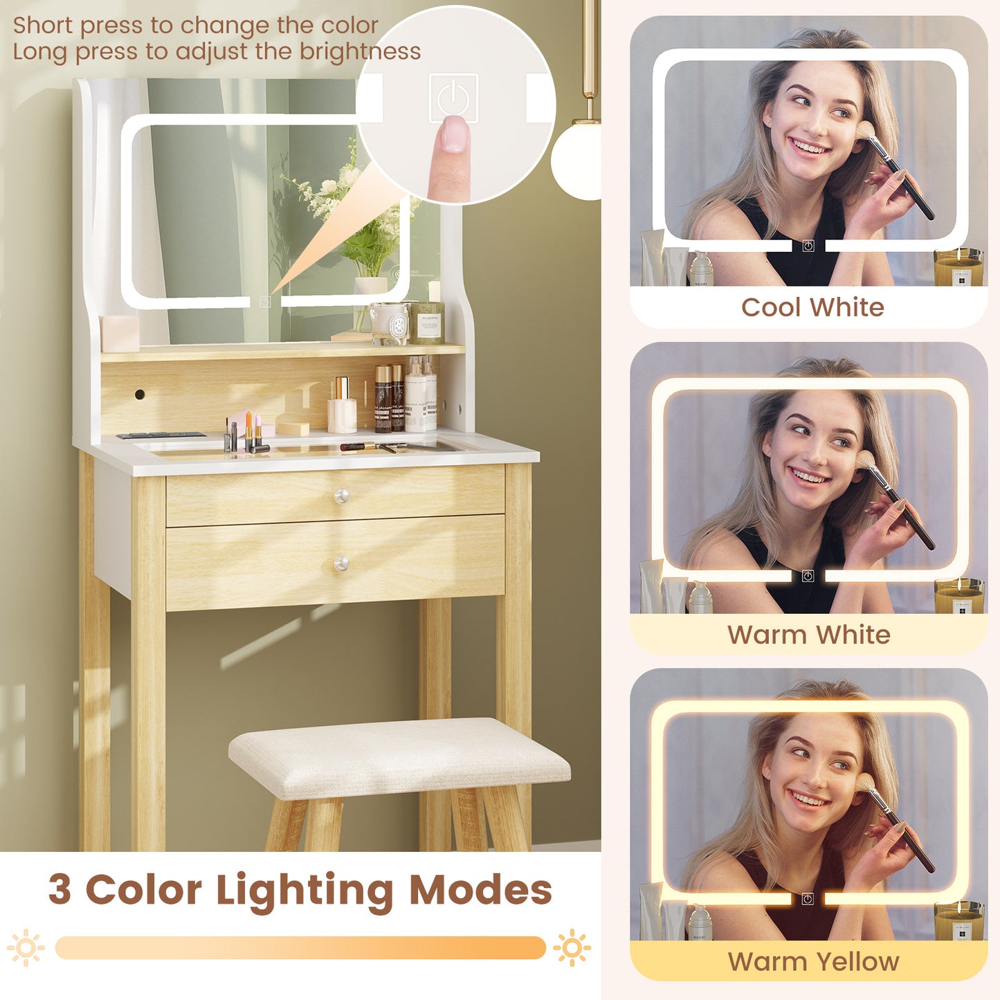 Vanity Desk Set with LED Lighted Mirror and Power Outlets