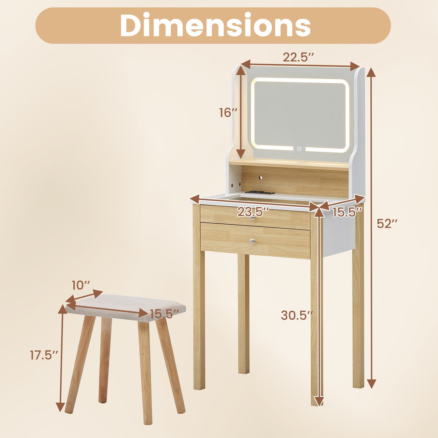 Vanity Desk Set with LED Lighted Mirror and Power Outlets