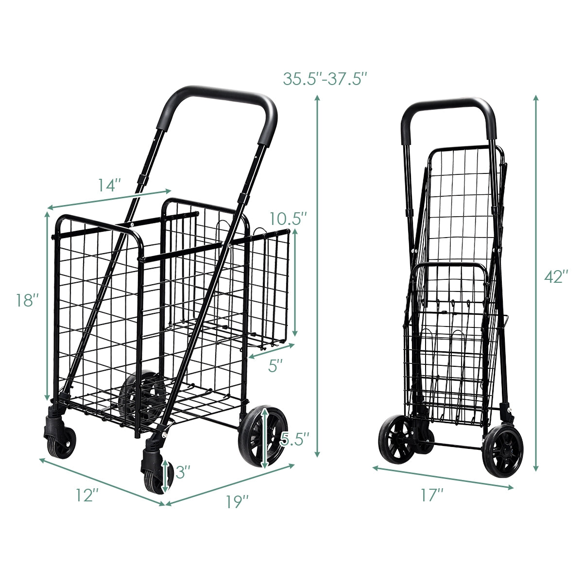 Folding Shopping Cart Basket Rolling Trolley with Adjustable Handle