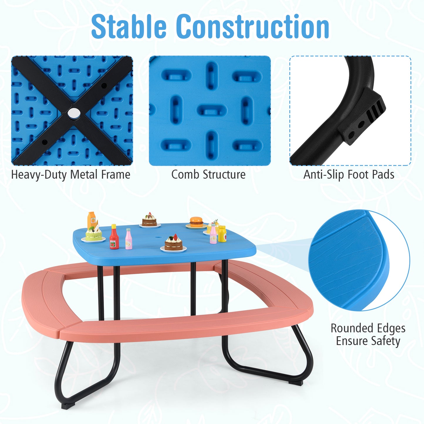 Kids Picnic Table with Adjustable Umbrella for 8 Children