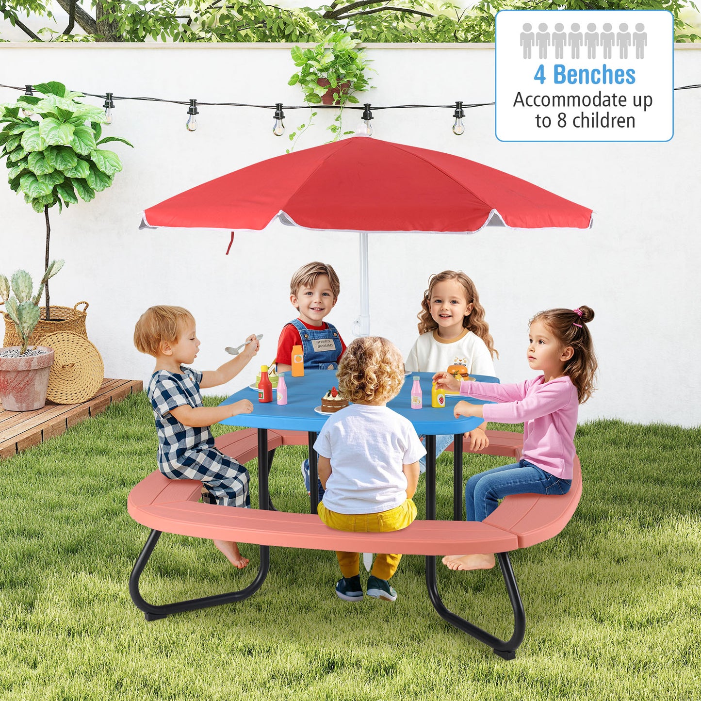 Kids Picnic Table with Adjustable Umbrella for 8 Children