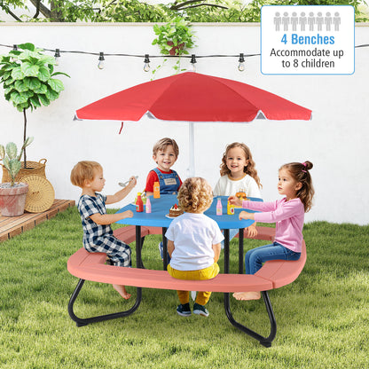 Kids Picnic Table with Adjustable Umbrella for 8 Children