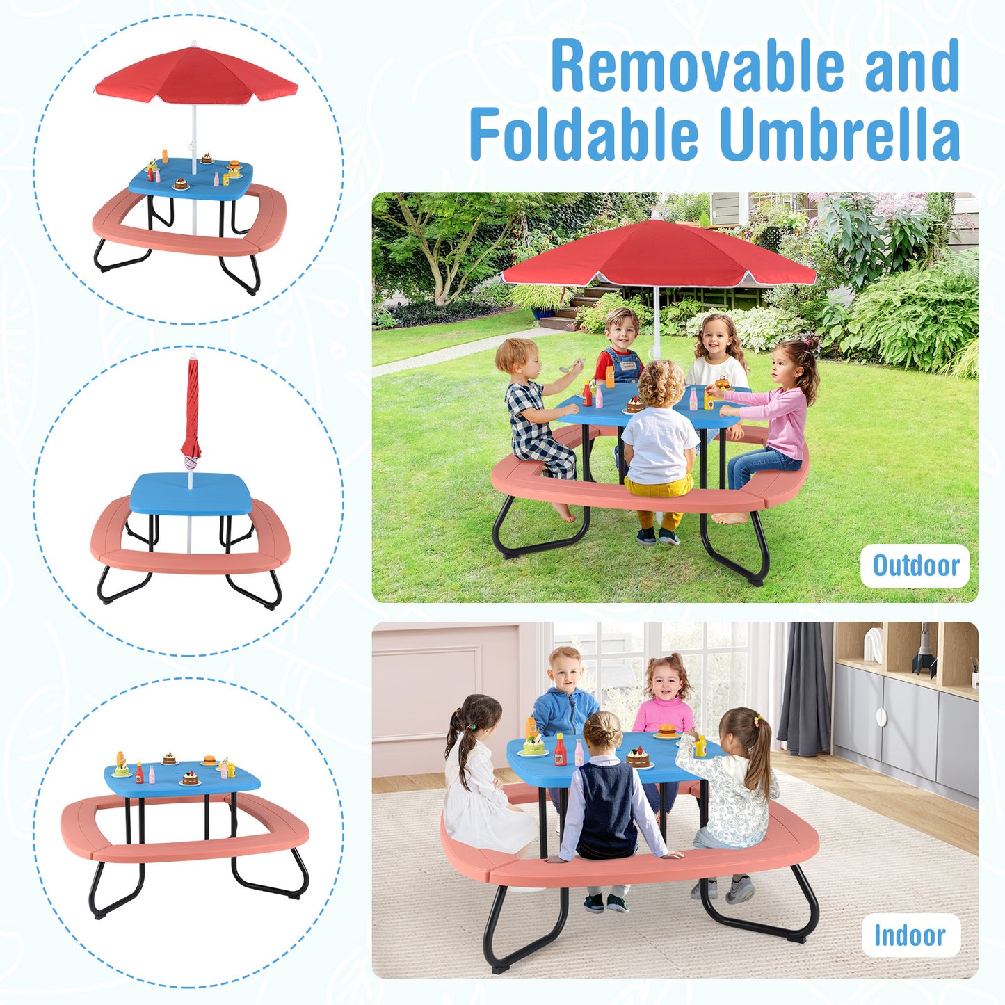 Kids Picnic Table with Adjustable Umbrella for 8 Children