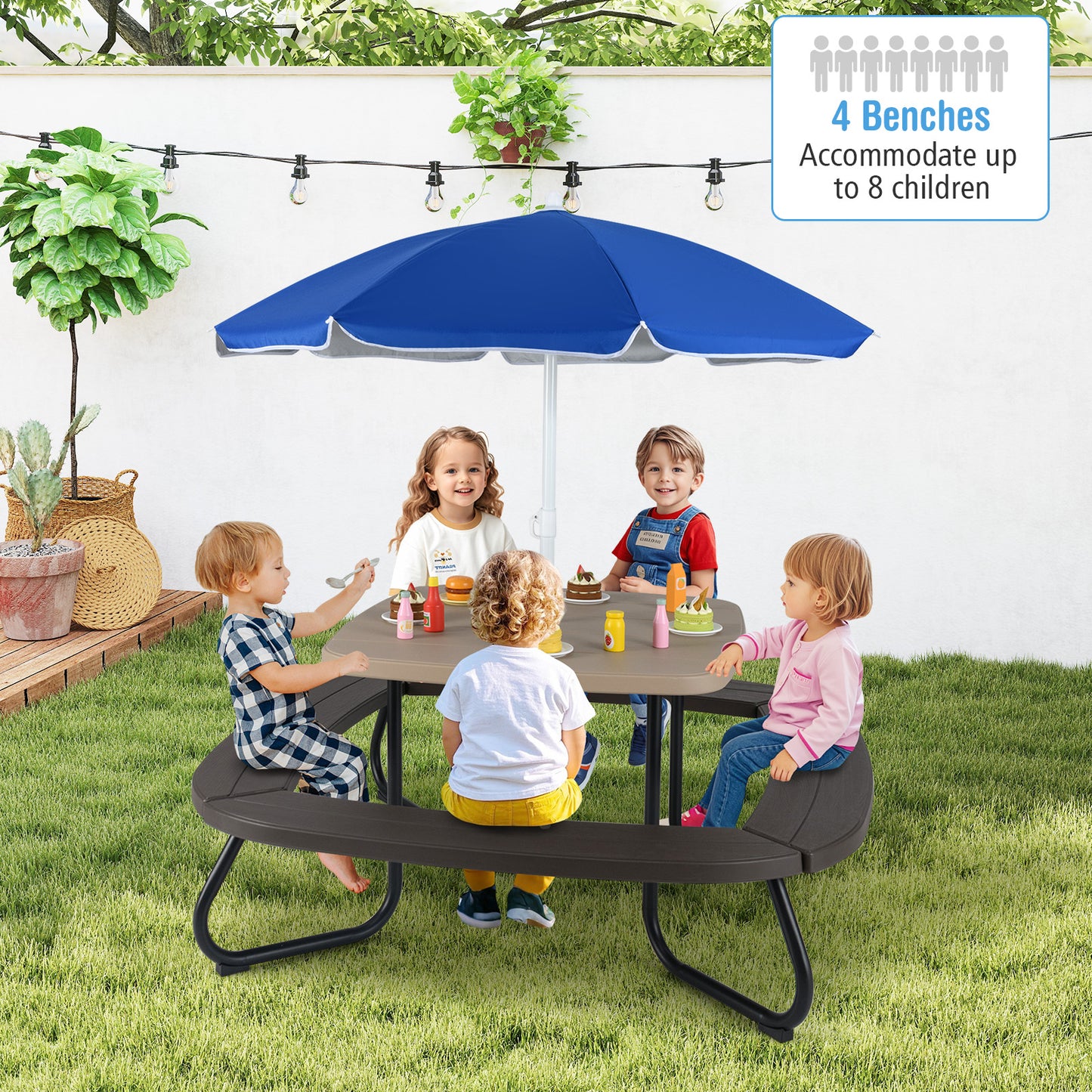 Kids Picnic Table with Adjustable Umbrella for 8 Children
