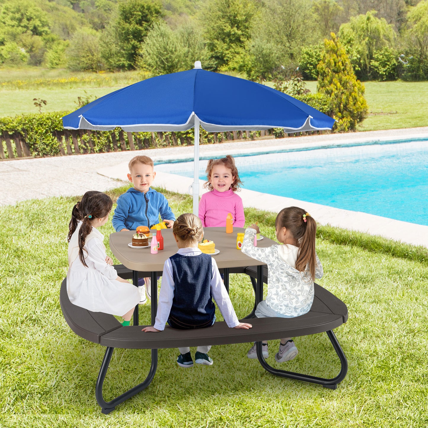 Kids Picnic Table with Adjustable Umbrella for 8 Children