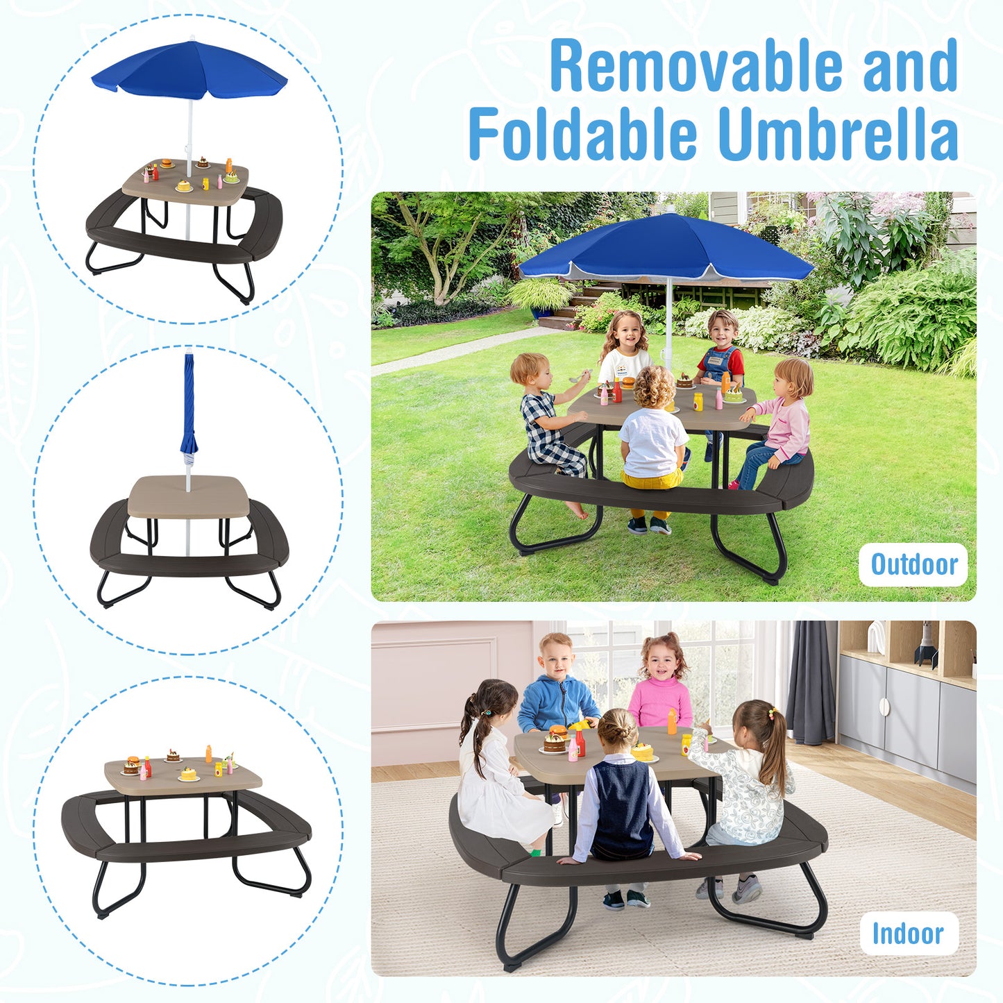 Kids Picnic Table with Adjustable Umbrella for 8 Children