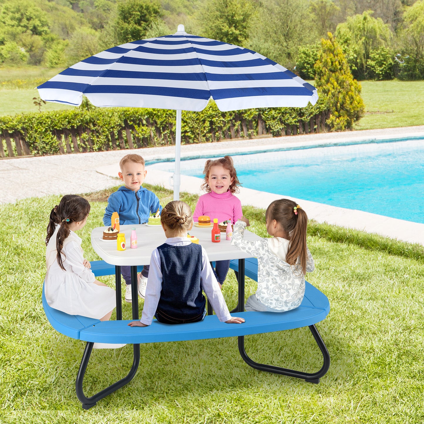 Kids Picnic Table with Adjustable Umbrella for 8 Children