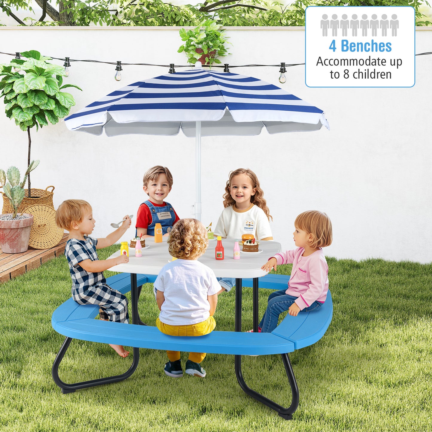 Kids Picnic Table with Adjustable Umbrella for 8 Children