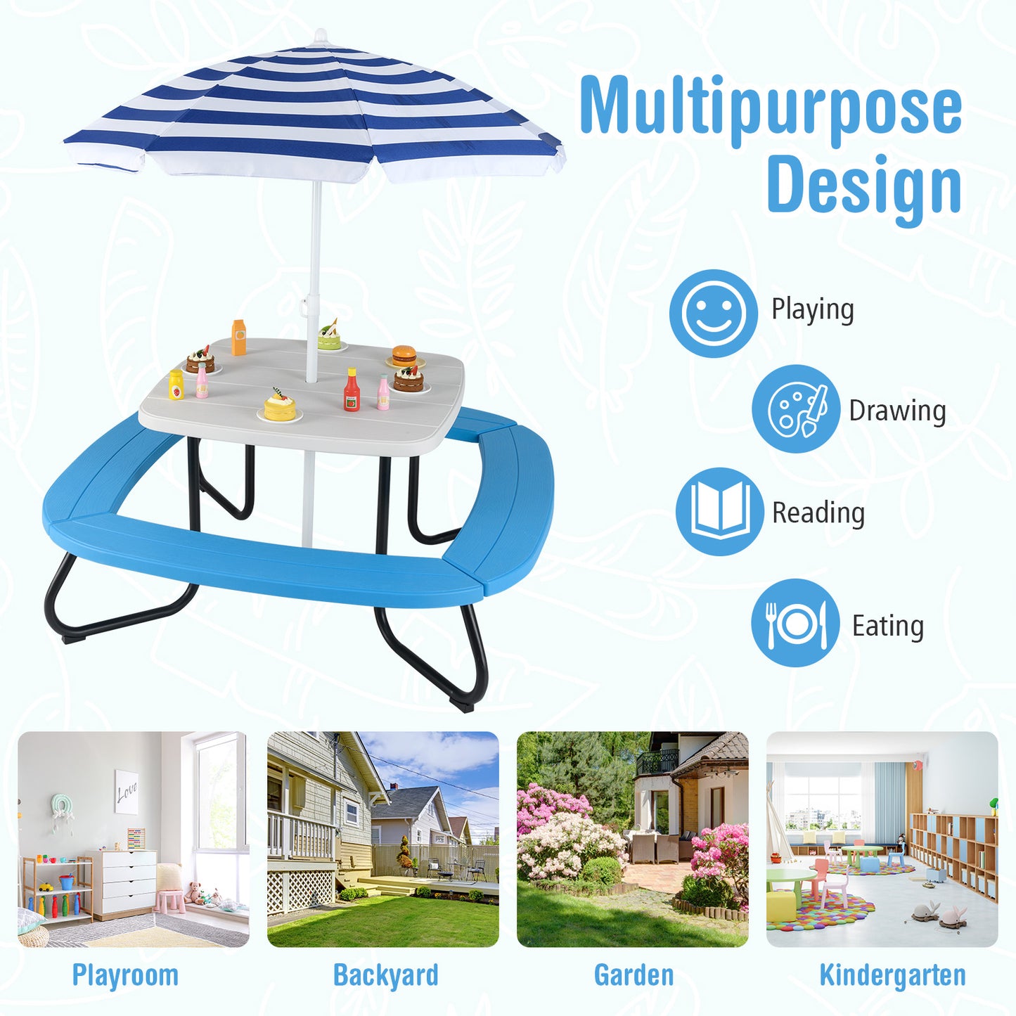 Kids Picnic Table with Adjustable Umbrella for 8 Children