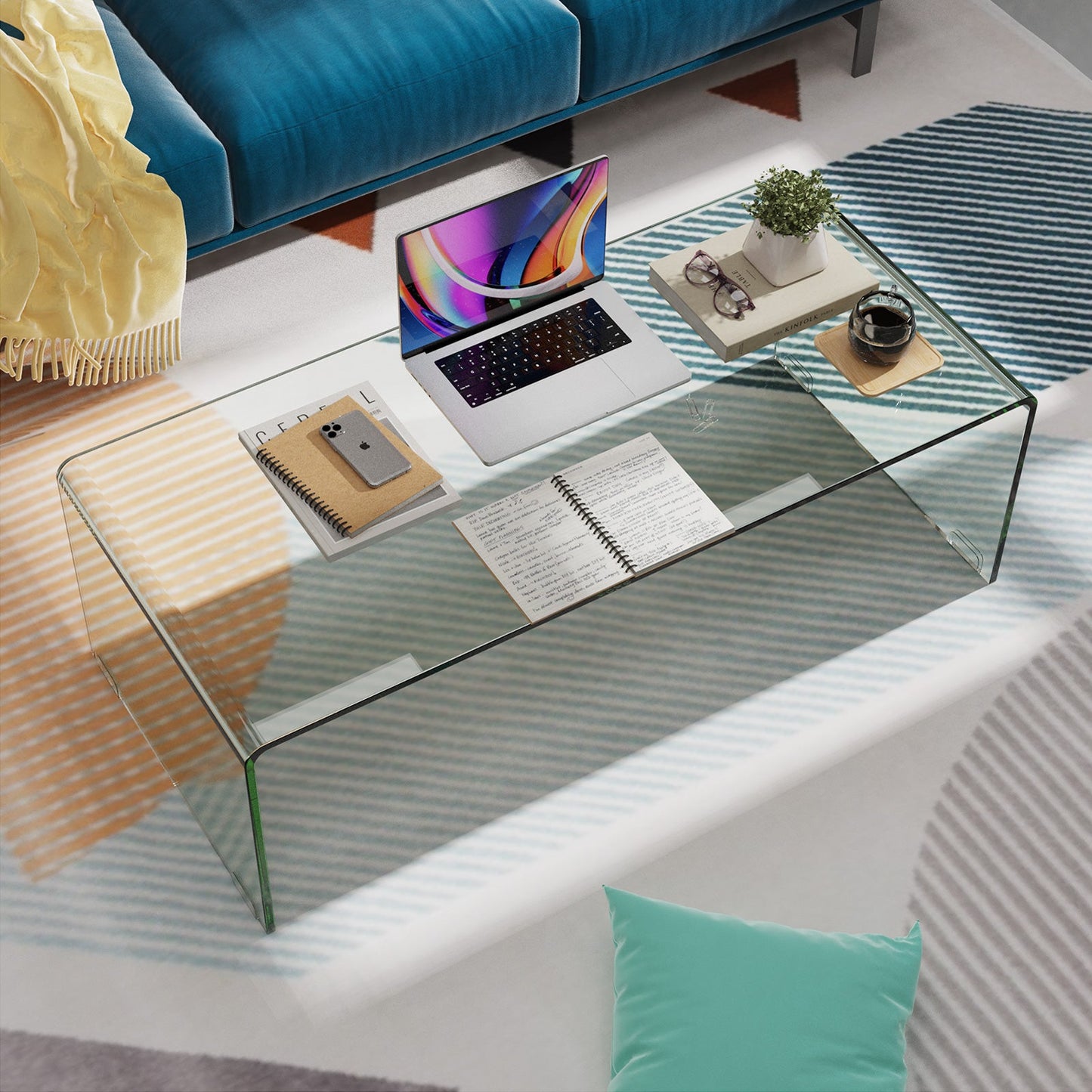 42 x 19.7 Inch Clear Tempered Glass Coffee Table with Rounded Edges-Transparent