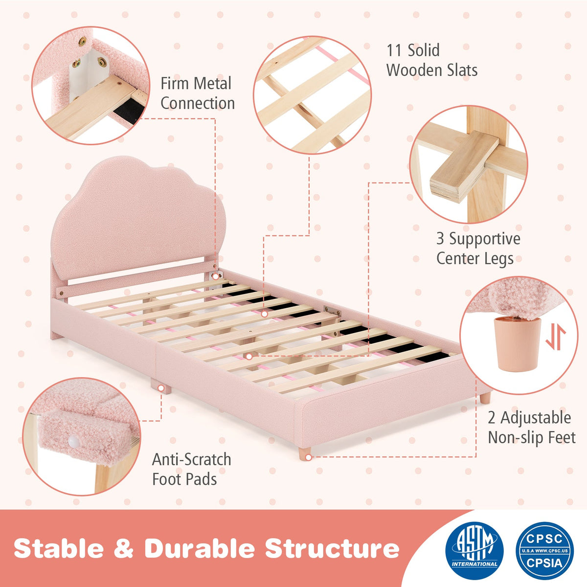 Twin Bed Frame with Height-Adjustable Headboard and Sturdy Wooden Slats