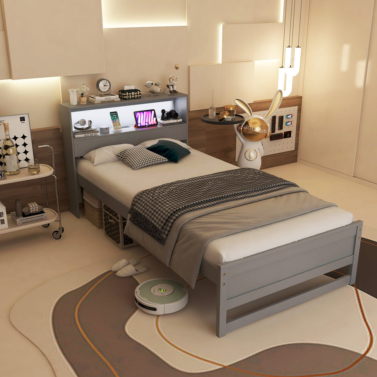 Twin Size Bed Frame with Storage Headboard and Charging Station
