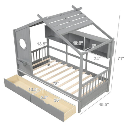 Twin Size House Bed with 2 Storage Drawers and Fence Guardrails