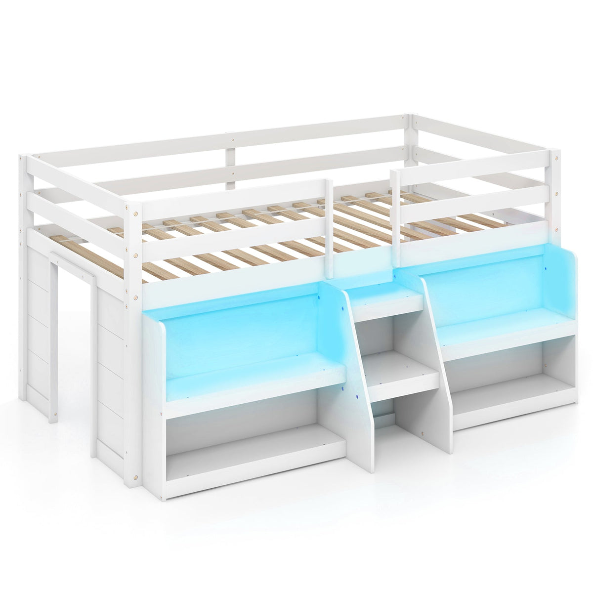 Twin Size Loft Bed with LED Lights with Staircase and Safety Guardrail