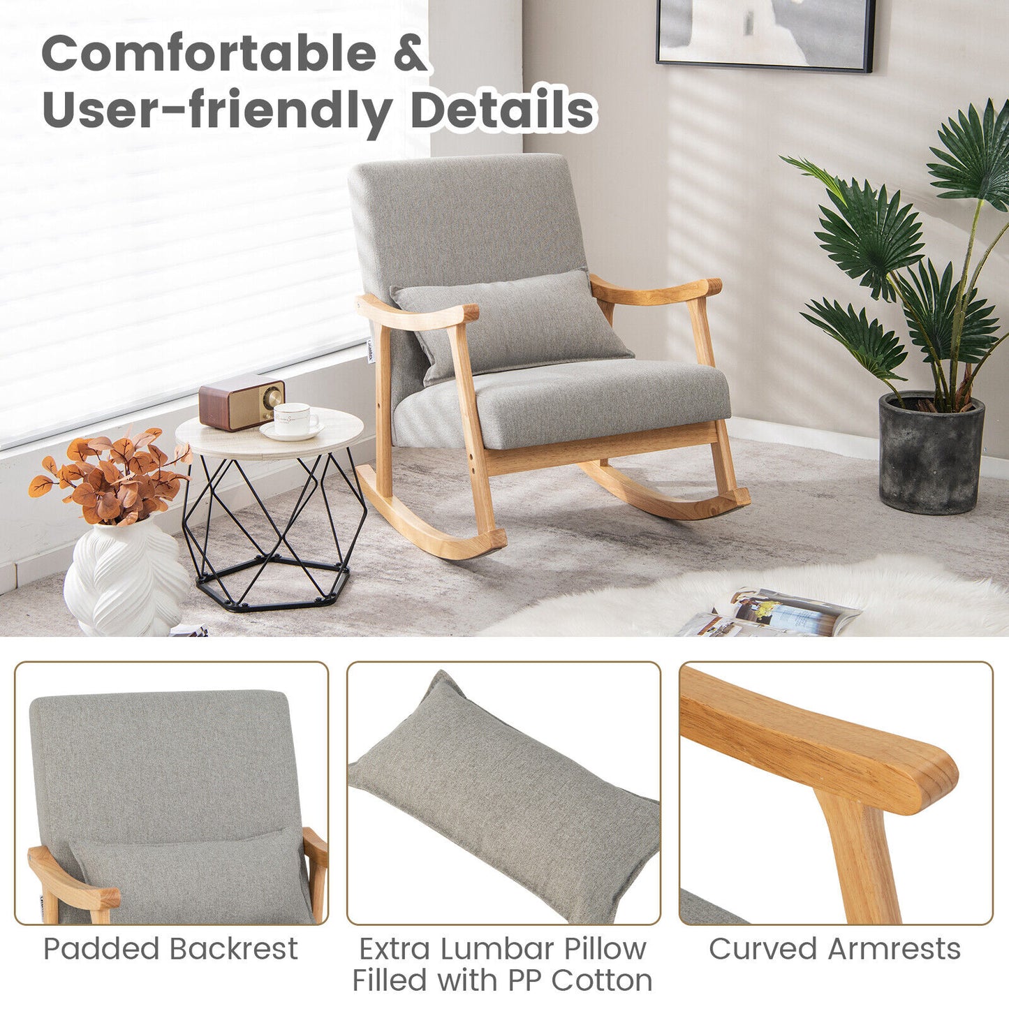 Upholstered Rocking Chair with Lumbar Pillow and Wood Frame