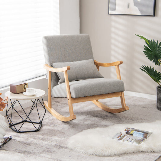 Upholstered Rocking Chair with Lumbar Pillow and Wood Frame