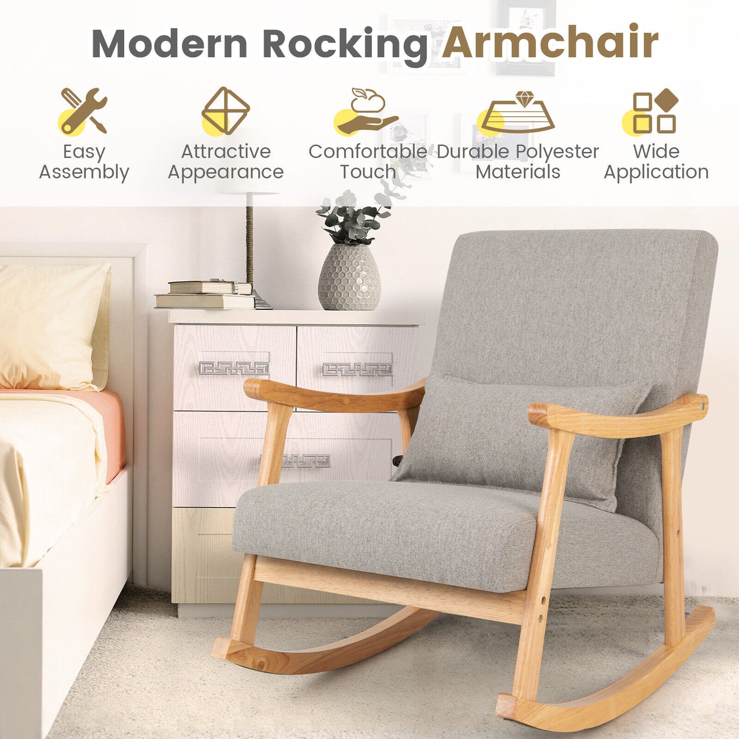 Upholstered Rocking Chair with Lumbar Pillow and Wood Frame