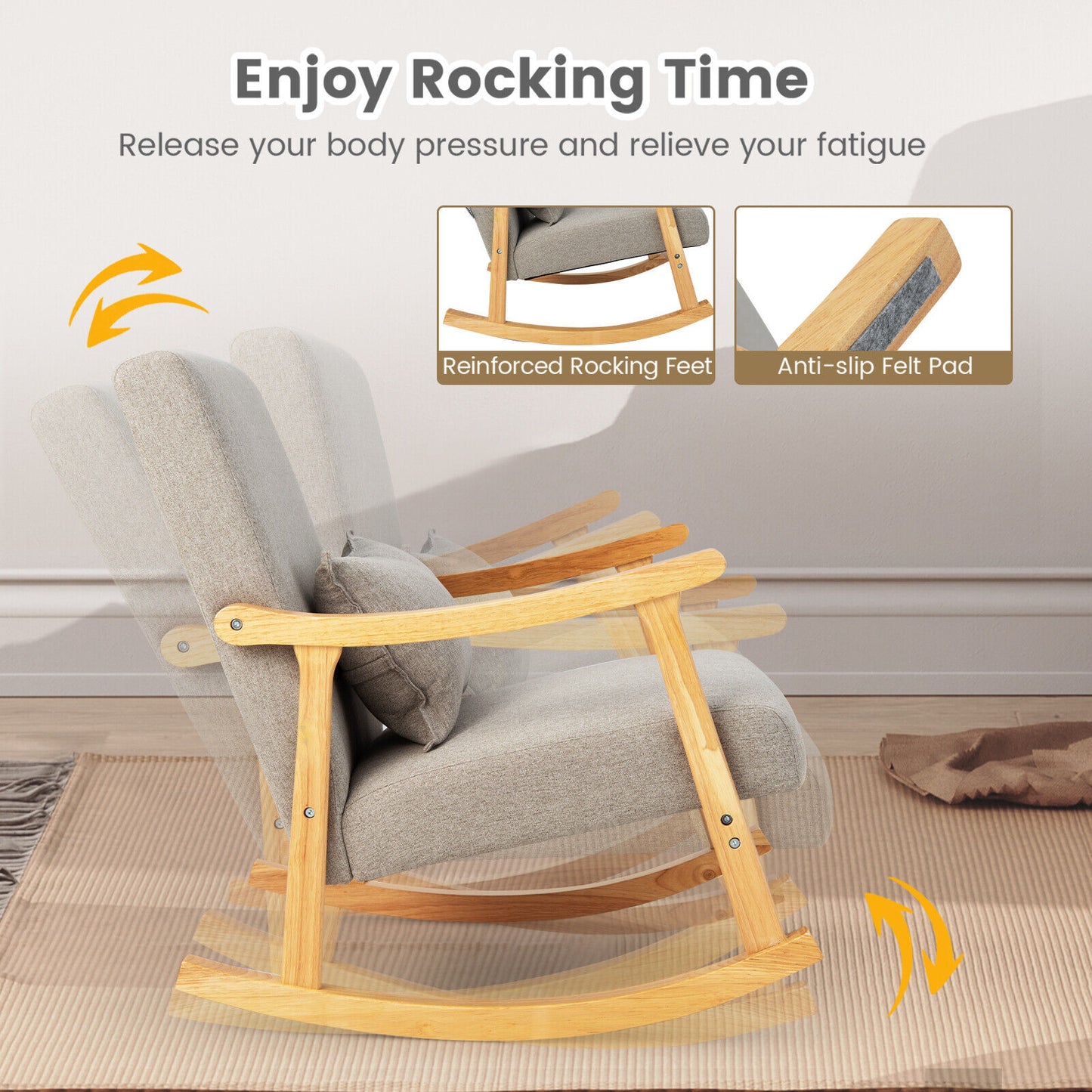 Upholstered Rocking Chair with Lumbar Pillow and Wood Frame