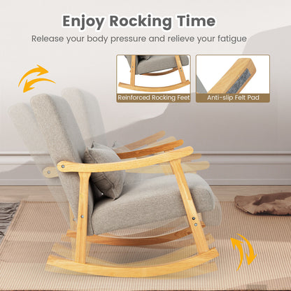 Upholstered Rocking Chair with Lumbar Pillow and Wood Frame