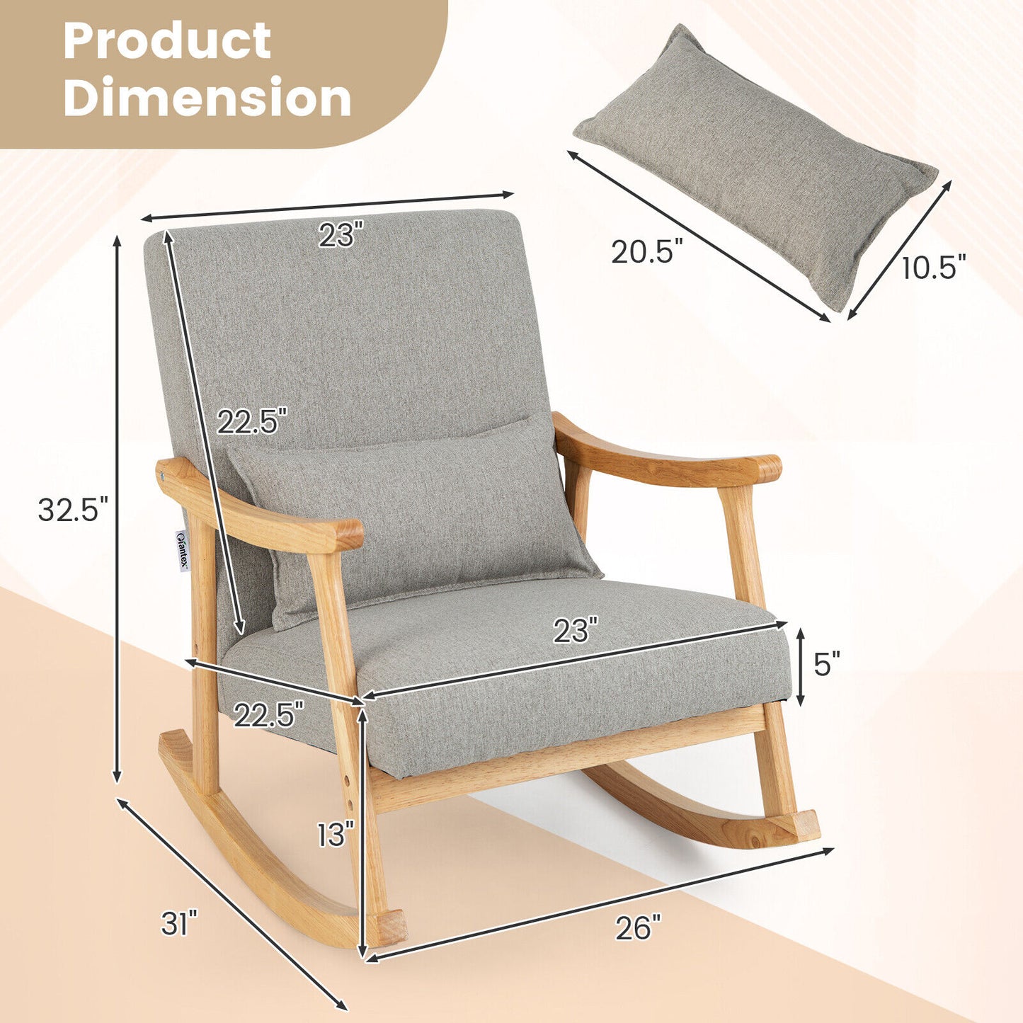 Upholstered Rocking Chair with Lumbar Pillow and Wood Frame