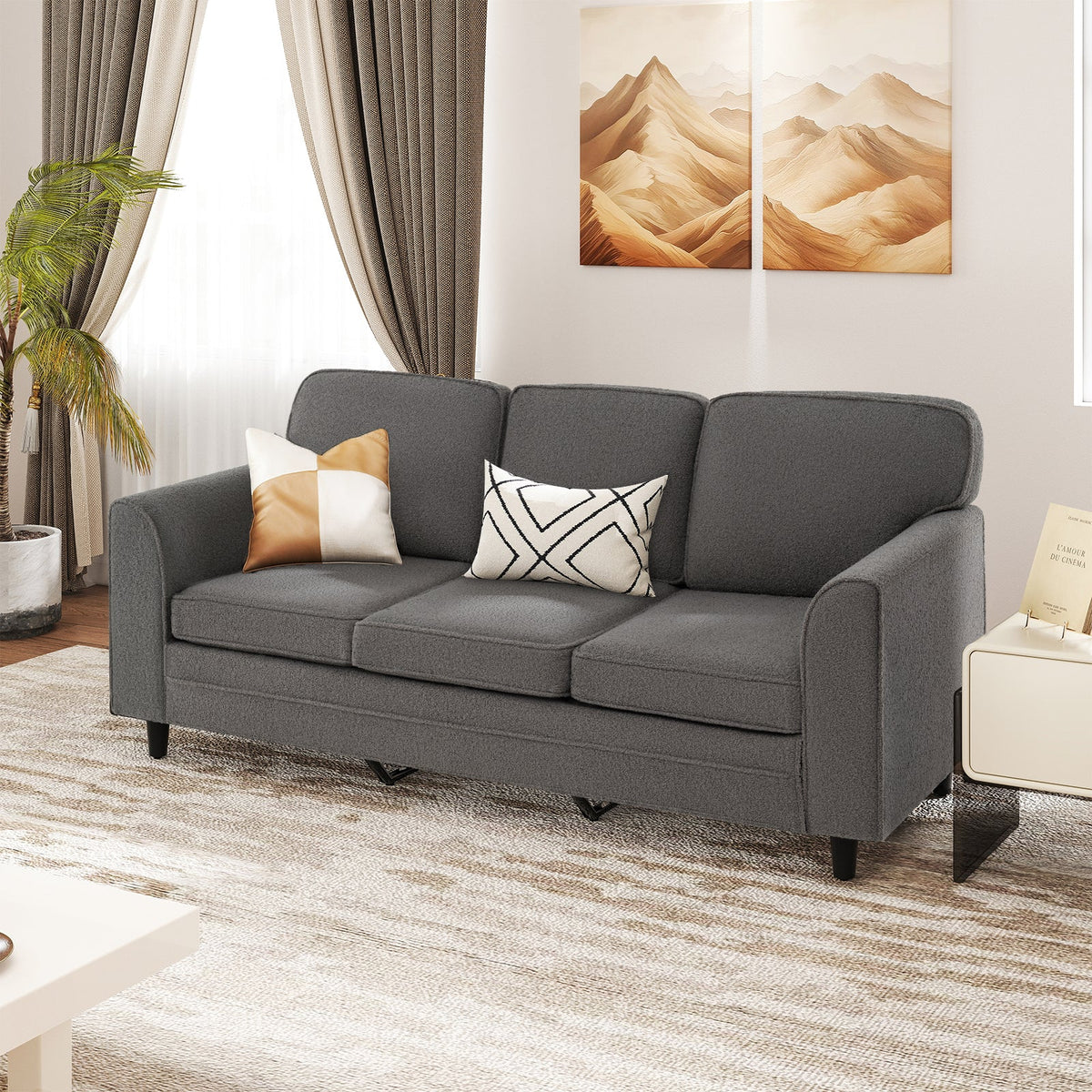 Upholstered Teddy Velvet 3-Seat Sofa with Comfy Back Pillows