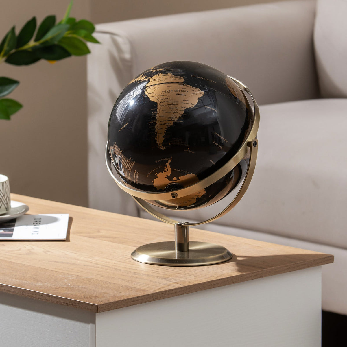 9-Inch Metallic Black World Globe with Metal Stand-Golden