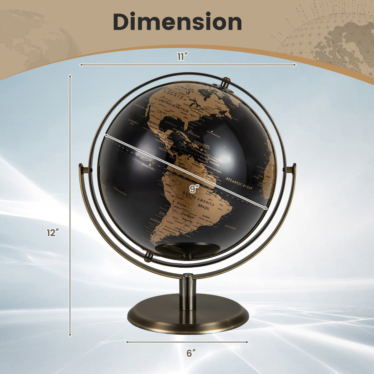 9-Inch Metallic Black World Globe with Metal Stand-Golden