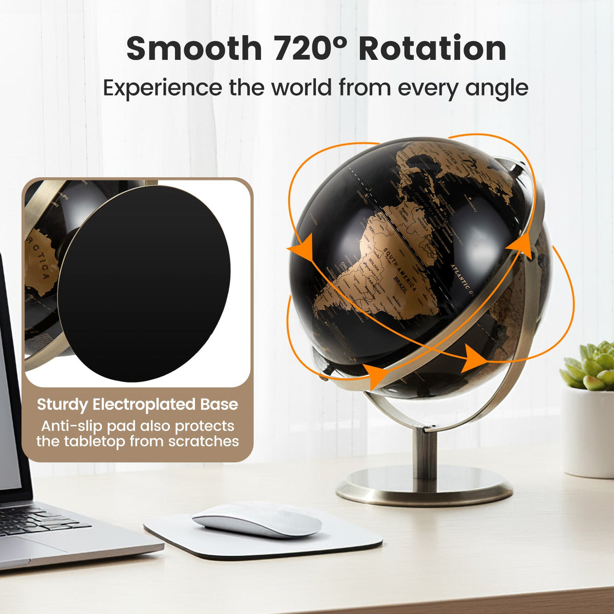 9-Inch Metallic Black World Globe with Metal Stand-Golden