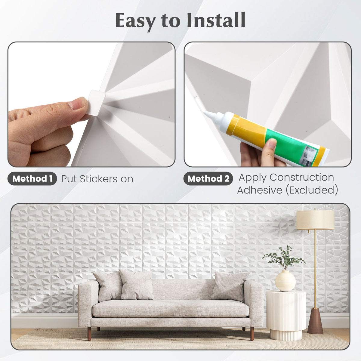 50-Pack 3D Wall Panels PVC Interior Wall Decoration with Diamond Accent-White