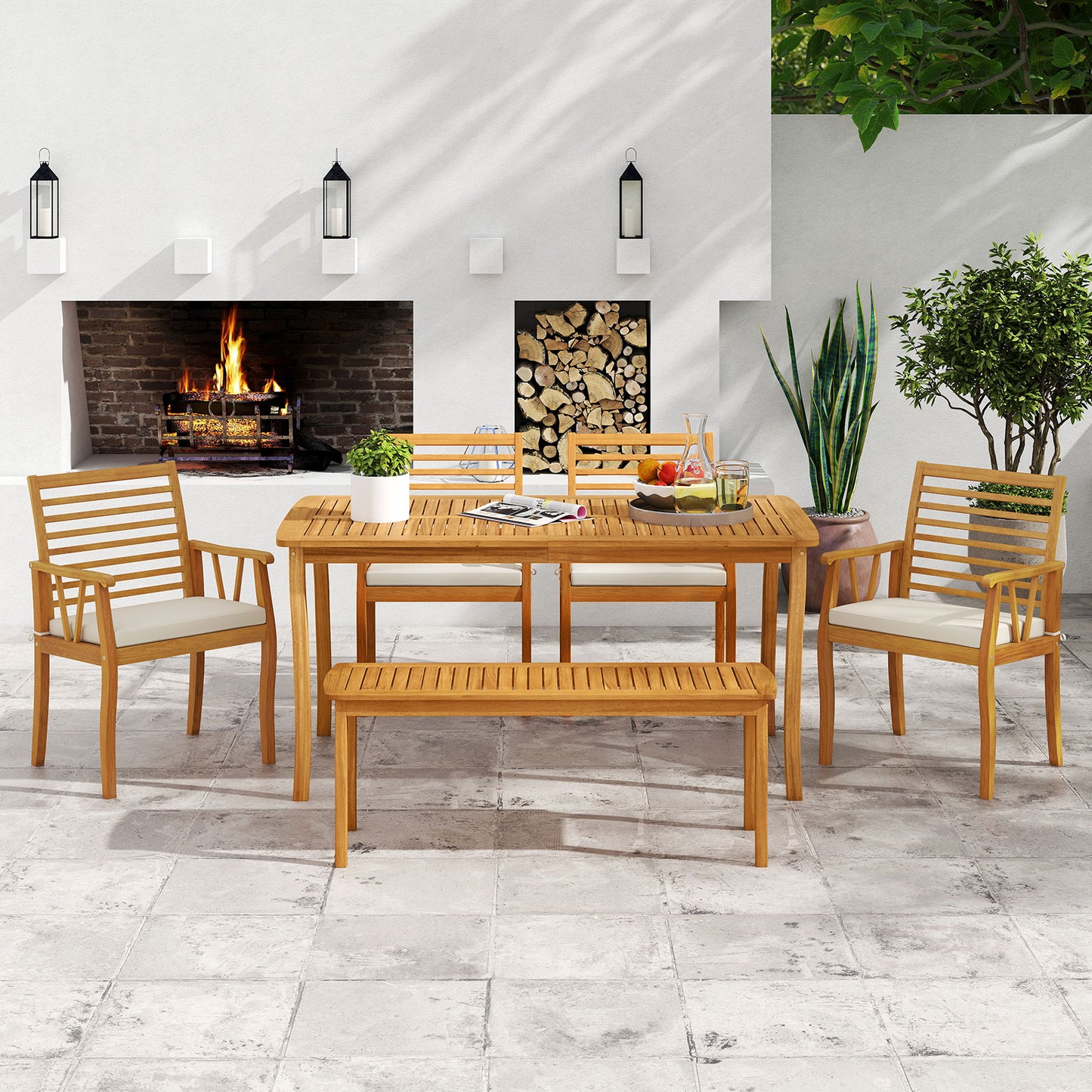 Acacia Wood Patio Dining Set with Umbrella Hole for 6 People