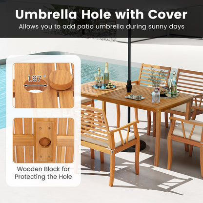 Acacia Wood Patio Dining Set with Umbrella Hole for 6 People