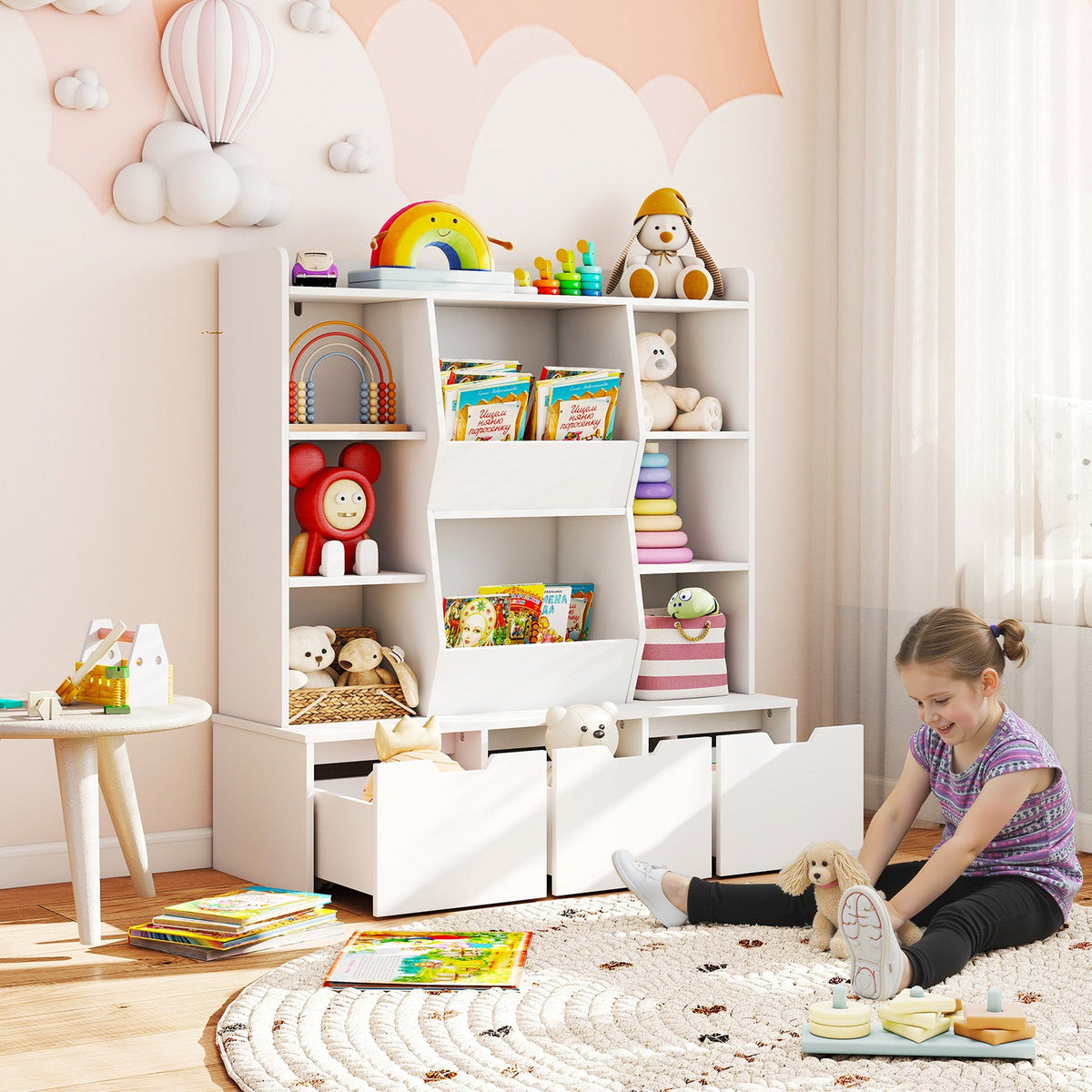 47" Children Bookcase Toy Storage Organizer Versatile Storage Cabinet-White