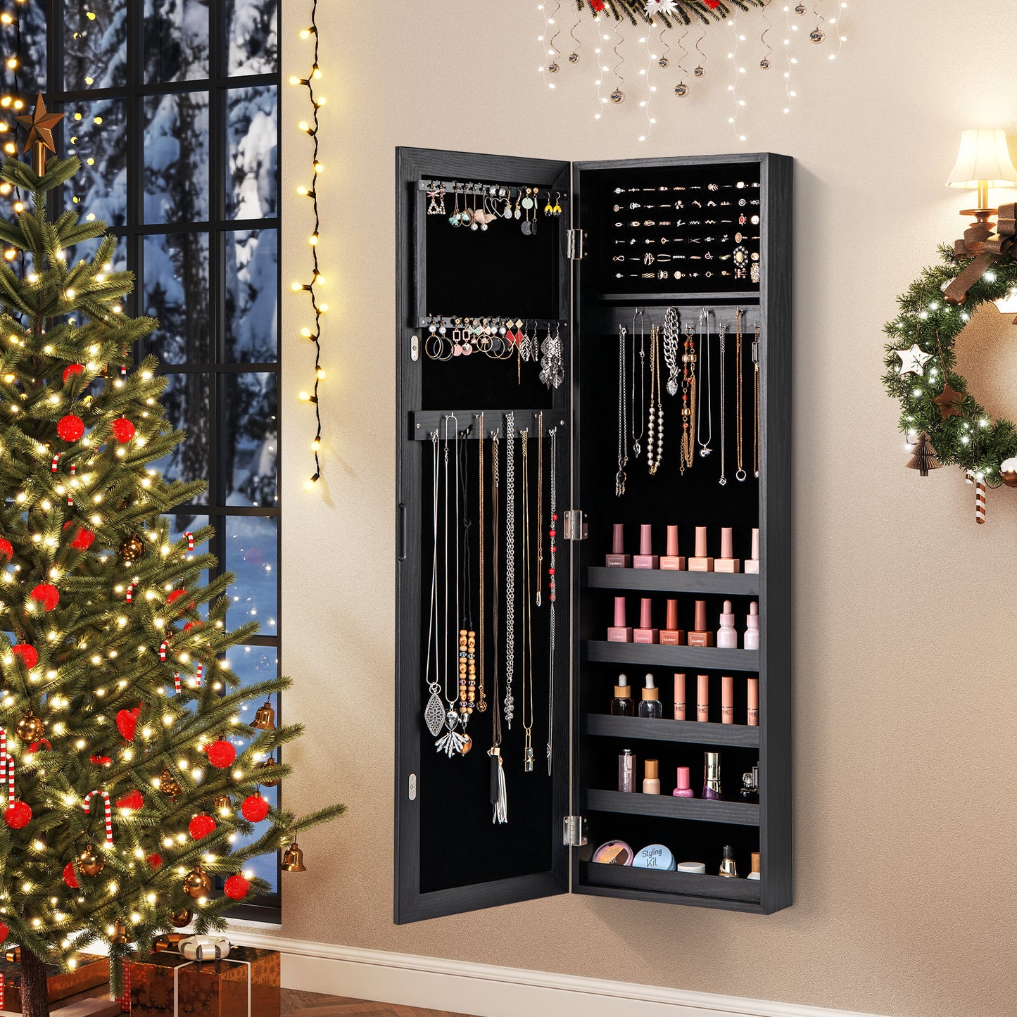 Wall Mounted Jewelry Armoire with Full-Length Mirror