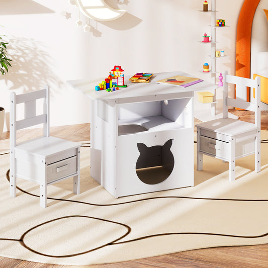Kids Table and Chair Set with Cat House & Storage Bins