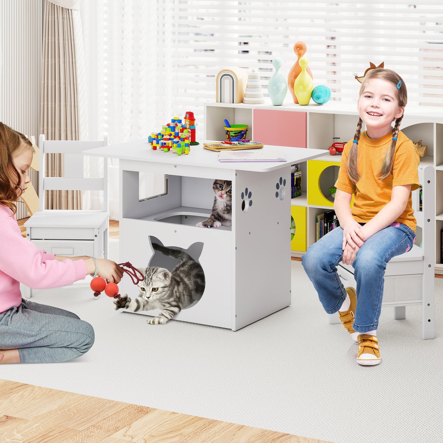 Kids Table and Chair Set with Cat House & Storage Bins