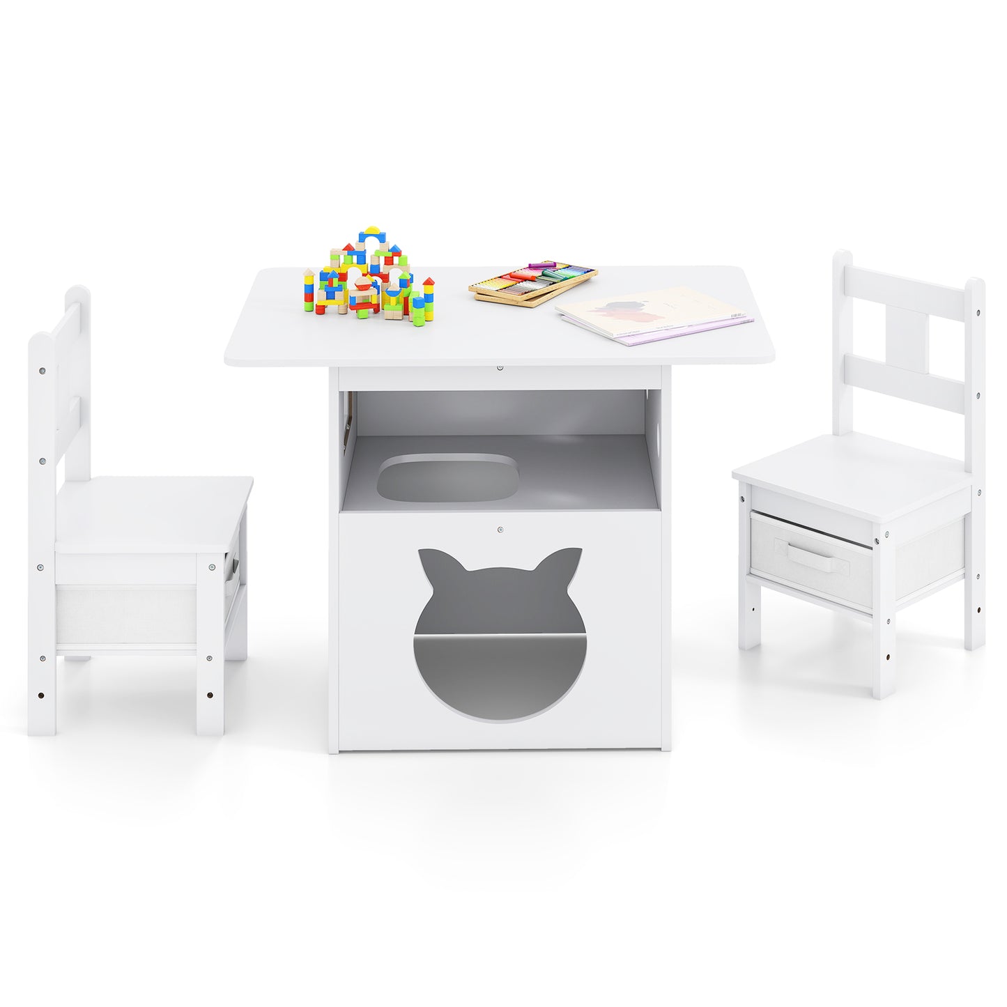 Kids Table and Chair Set with Cat House & Storage Bins