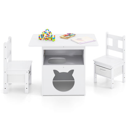 Kids Table and Chair Set with Cat House & Storage Bins