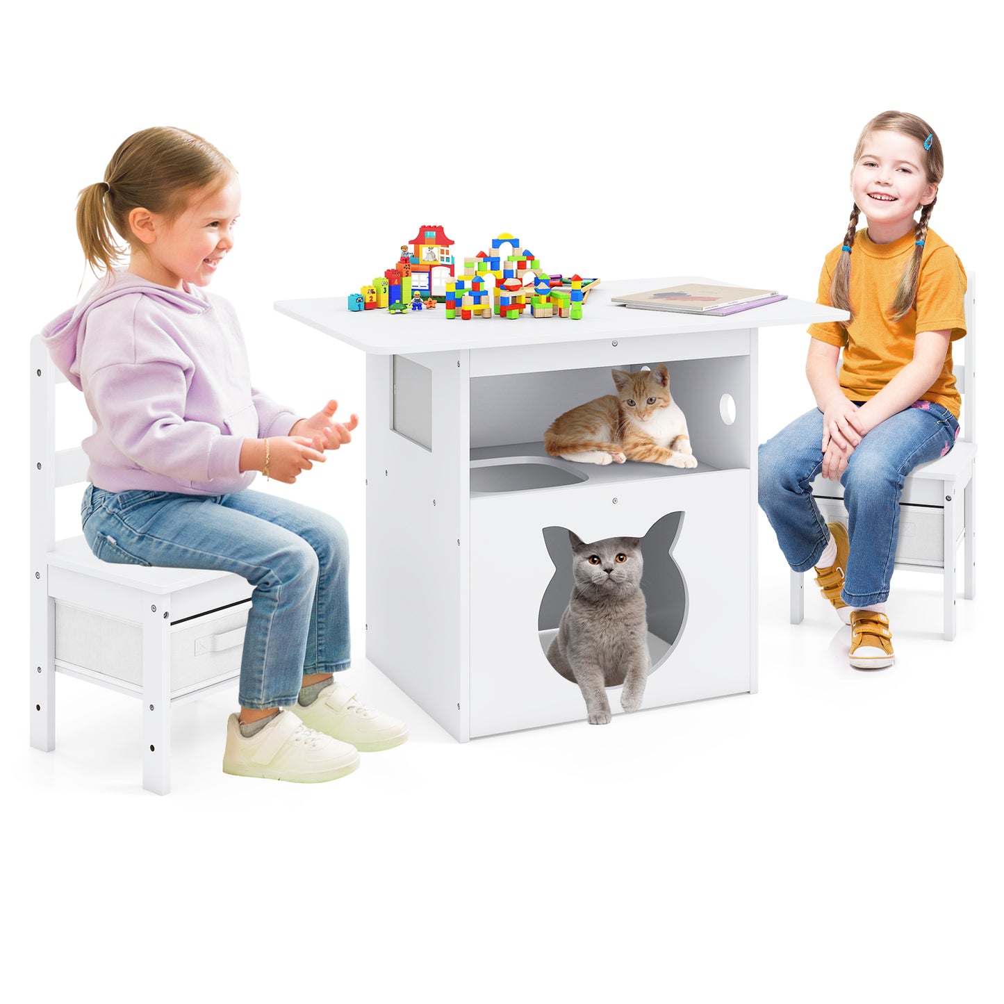 Kids Table and Chair Set with Cat House & Storage Bins