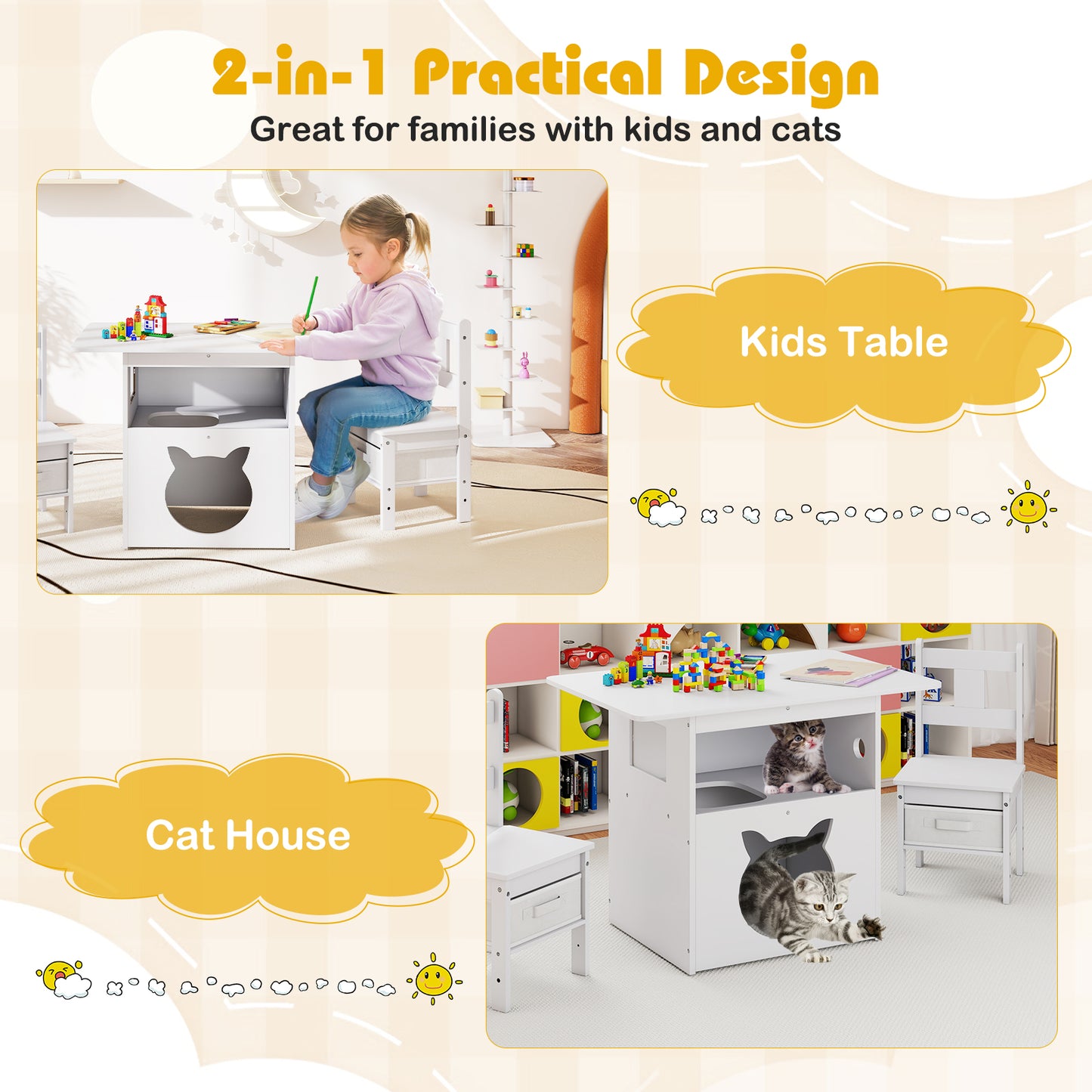 Kids Table and Chair Set with Cat House & Storage Bins