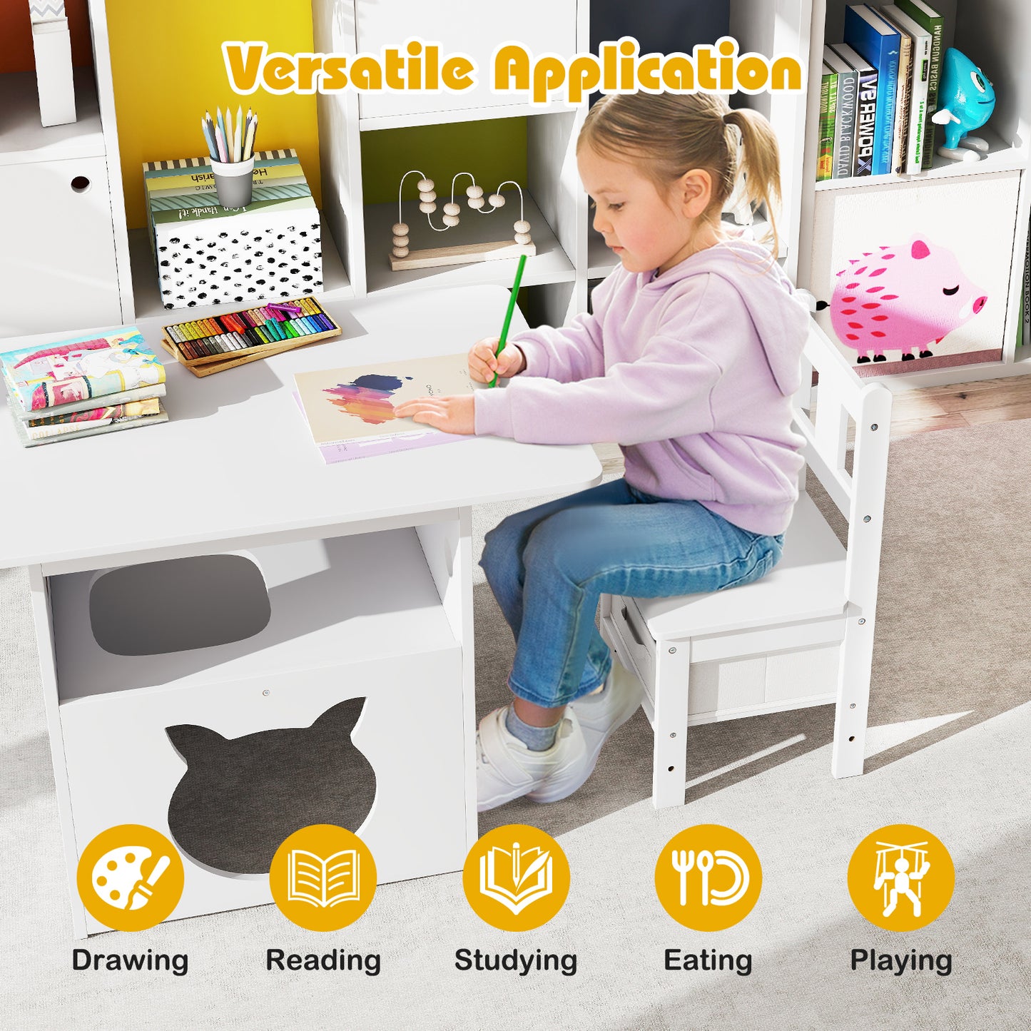 Kids Table and Chair Set with Cat House & Storage Bins