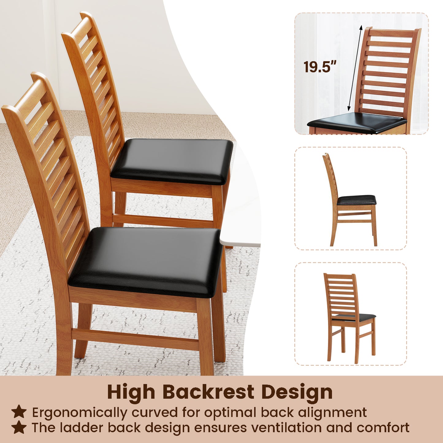 Wooden Dining Chairs Set of 2 with Padded Seats