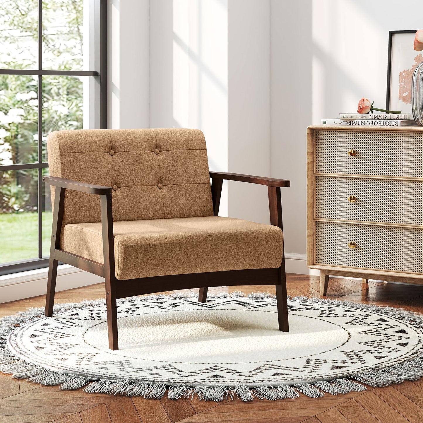 Rubber Wood Accent Chair with Armrests - Mid-Century Design