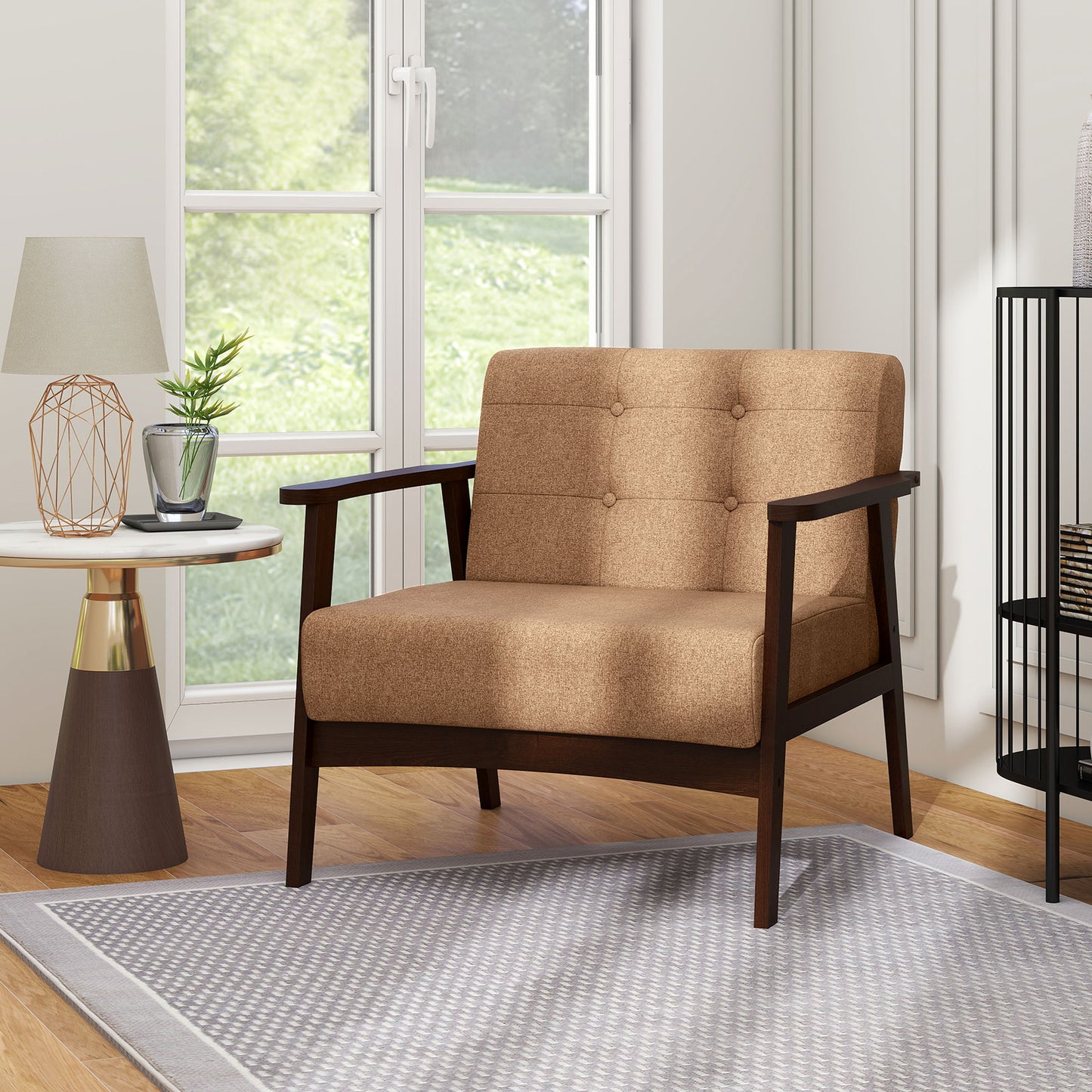 Rubber Wood Accent Chair with Armrests - Mid-Century Design