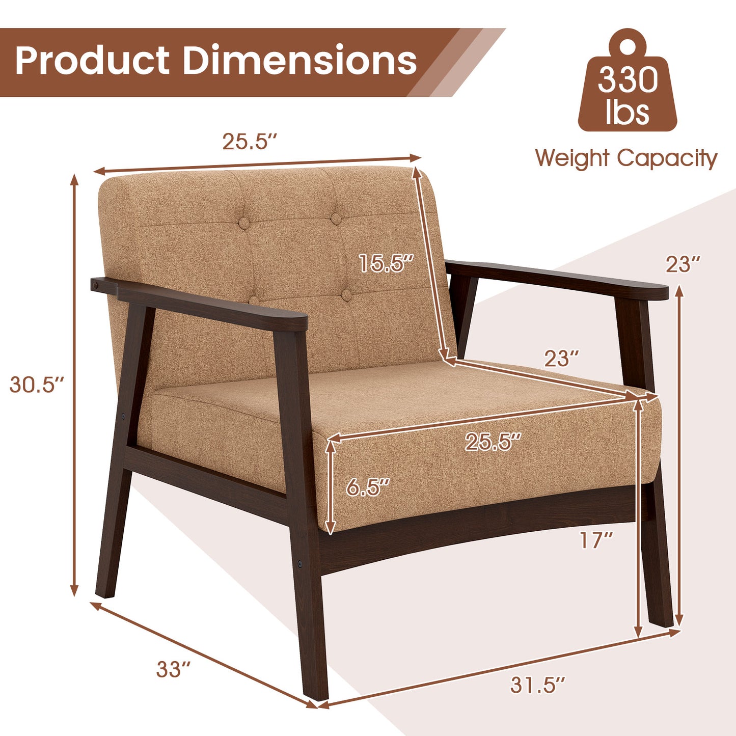 Rubber Wood Accent Chair with Armrests - Mid-Century Design