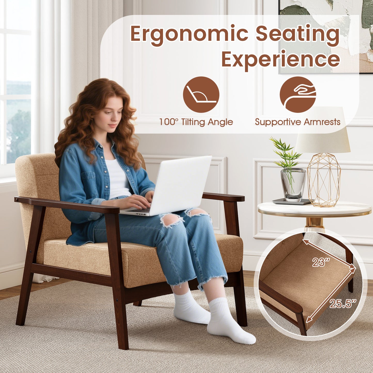 Rubber Wood Accent Chair with Armrests - Mid-Century Design
