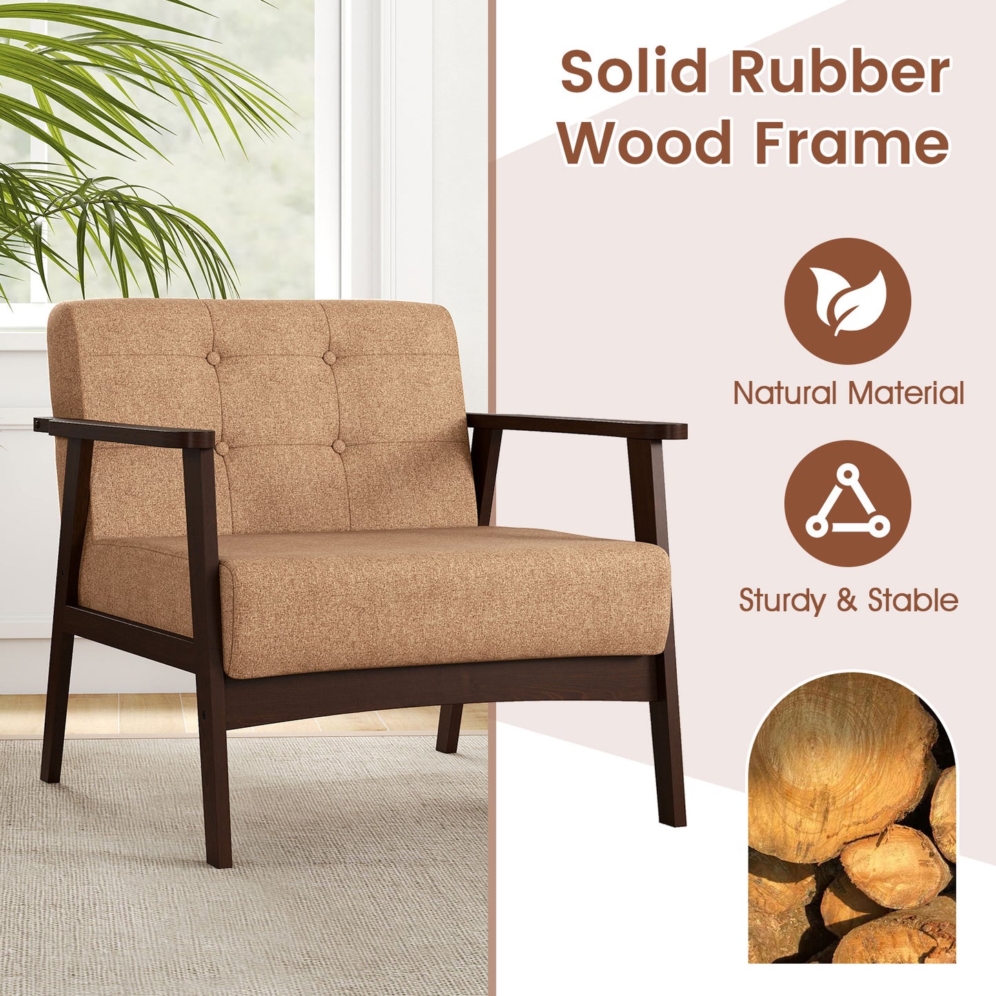 Rubber Wood Accent Chair with Armrests - Mid-Century Design