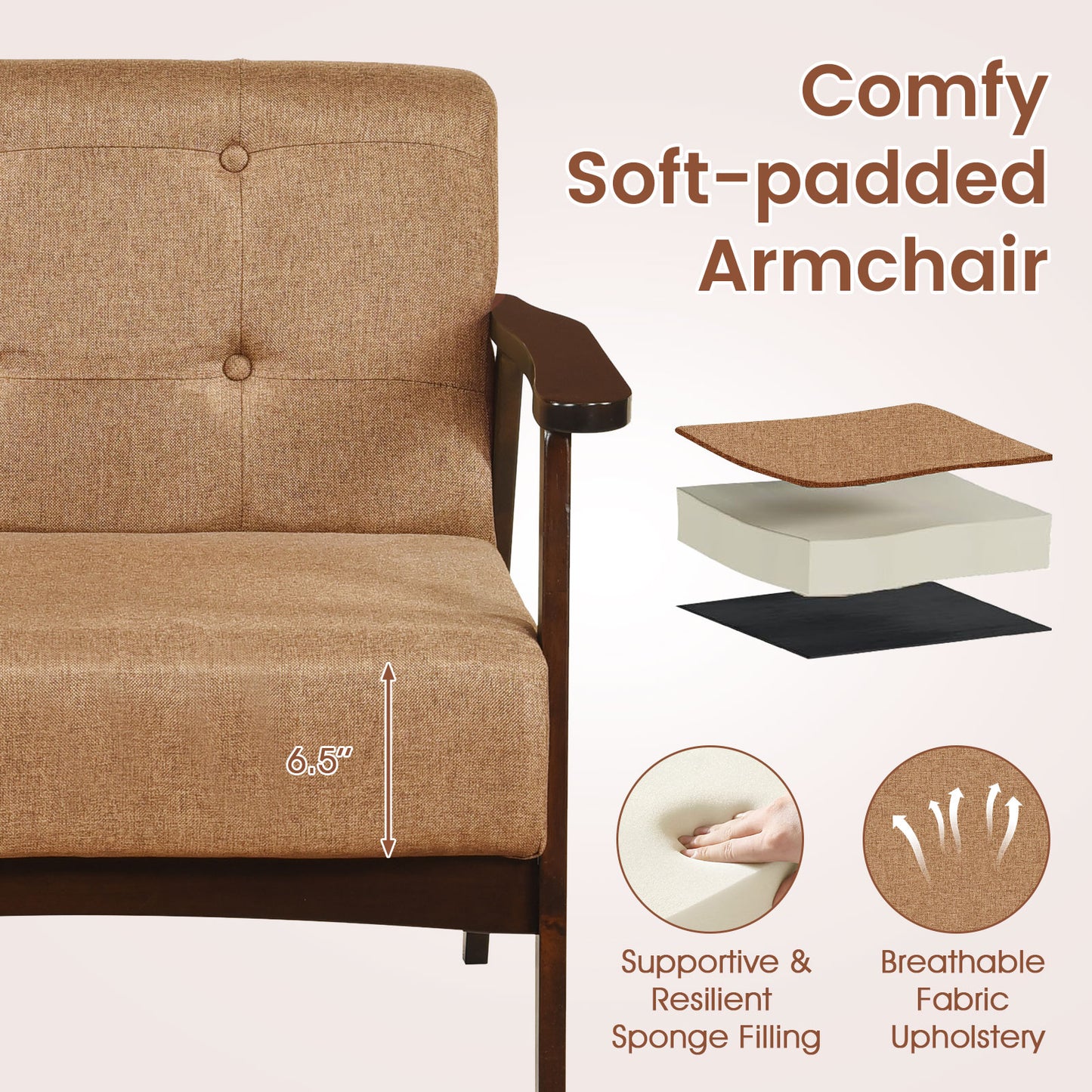 Rubber Wood Accent Chair with Armrests - Mid-Century Design