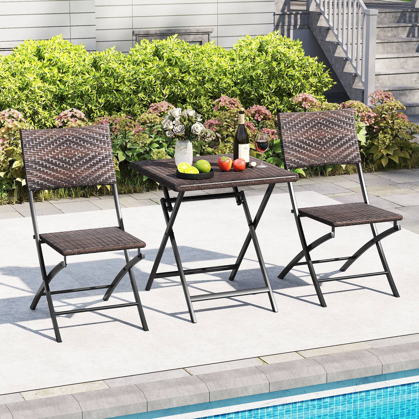 Rattan Bistro Set 3-Piece Folding Patio Furniture