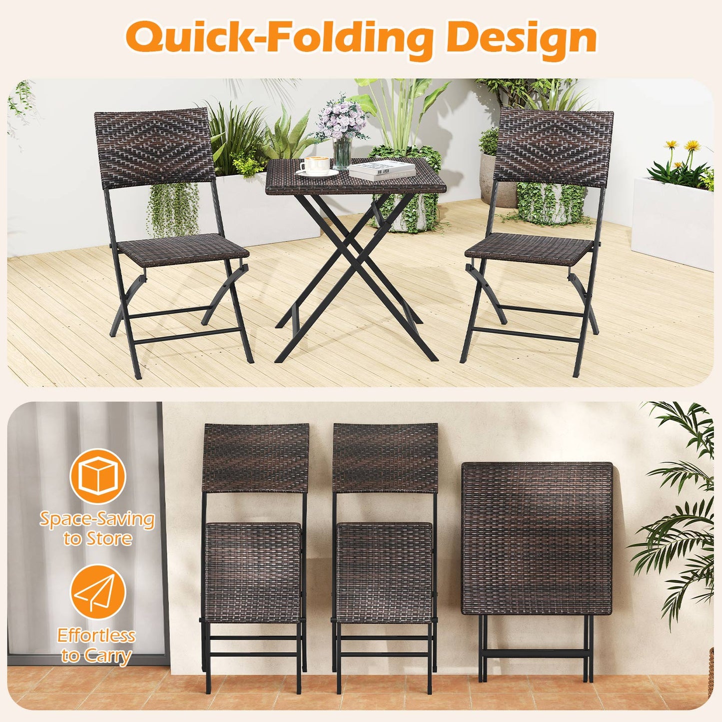 Rattan Bistro Set 3-Piece Folding Patio Furniture