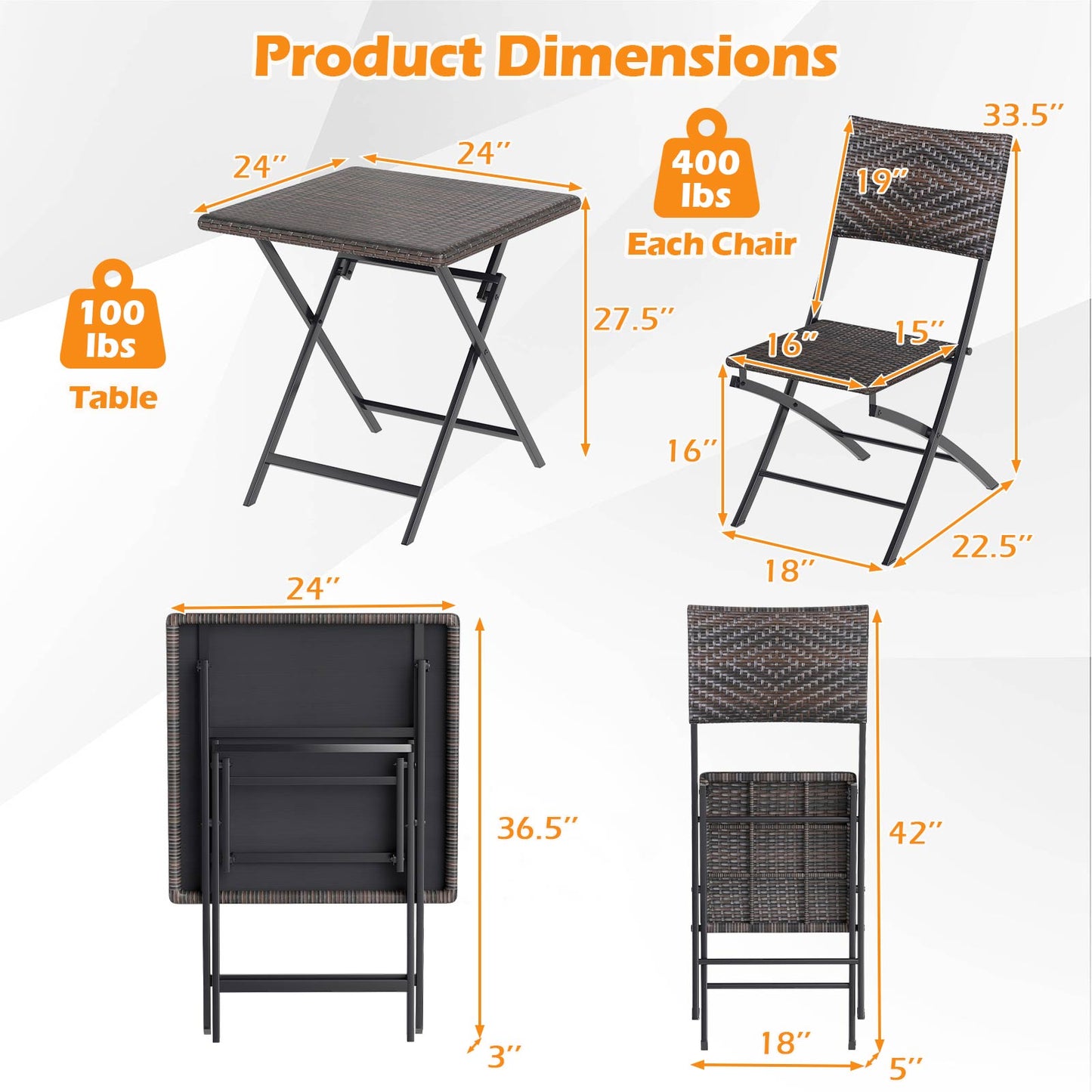 Rattan Bistro Set 3-Piece Folding Patio Furniture